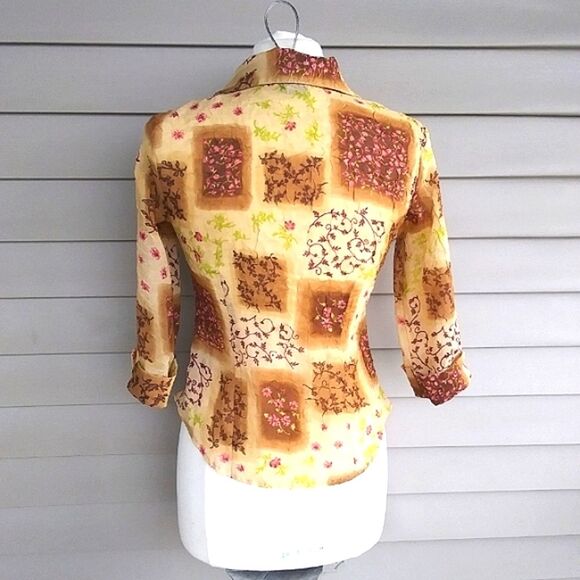 Blouse Chiffon Sheer Button Front 3/4 Length Sleeves Boho Patchwork Look… - Picture 12 of 16